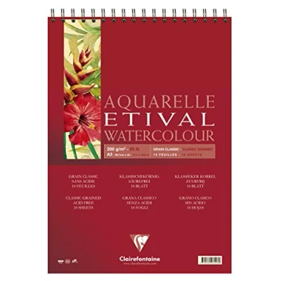 Image of Clairefontaine Ref 96385C Etival Classic Grained Wirebound Watercolour Painting &amp; Drawing Pad (10 Sheets of Paper) A3 (42 x 29.7cm) 200gsm Cellulose Art Paper