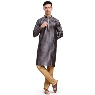 Image of SKAVIJ Men&#039;s Embroidered Kurta Pajama Set Jacquard Silk Ethnic Motifs 2 Piece Blue_X Large