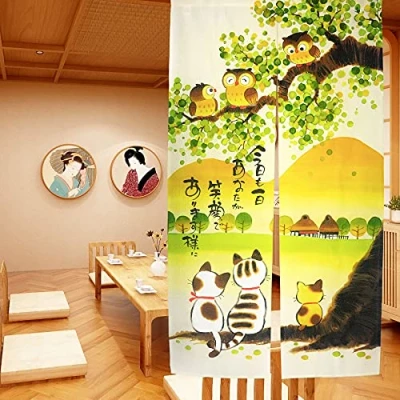 Image of LIGICKY Japanese Style Noren Long Doorway Curtain Door Tapestry for Home Decoration 33.5 x 59 inch (Owls &amp; Cats Mountain)