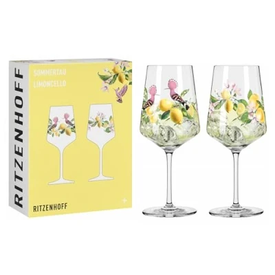 Image of RITZENHOFF 6041005 Aperitif Glass 500 ml Set of 2 Summer Dew Series for Splashes, spritzers, Lemon Motif, Made in Germany, Yellow, Green, Pink