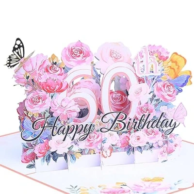 Image of Happy 60th Birthday Card, 3D Flower Pop Up Greeting Cards, Cards with Envelope and Note Anniversary Card,Birthday Gift for Women Men