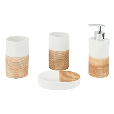 Image of axentia Accessories Rimini Bath Utensils 4 Piece Bathroom Set of Soap Dispenser, Dish &amp; Toothbrush Cup Accessories, Refillable, Ceramic, Beige, 1 x cm