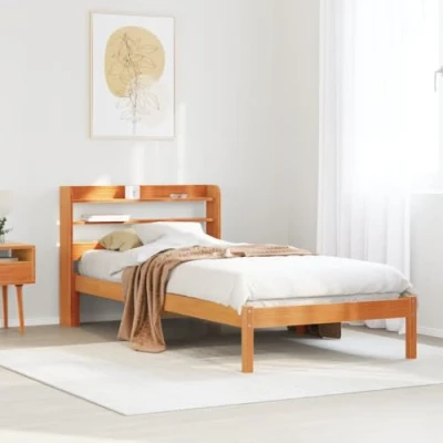Image of vidaXL bed frame single/wooden headboard base solid pine, wax brown, 218x110x82 cm, with storage shelves bedroom furniture