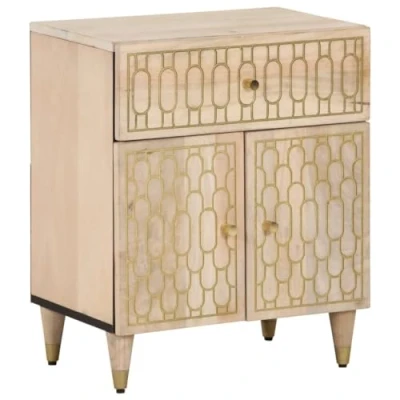 Image of vidaXL Solid Mango Wood Bedside Cabinet 50x33x60 cm Hand Carved, Ample Storage, Brown, Bedroom Side Table with Drawer and Doors
