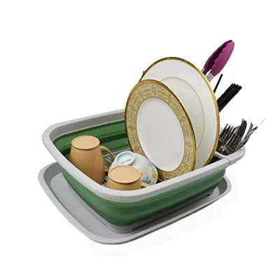 Image of SAMMART 8L Collapsible Plastic Dish Drainer with Board Foldable Drying Rack Set Portable Dinnerware Organizer Space Saving Kitchen Storage Tray (Grey/Dark Sea Green, 1)