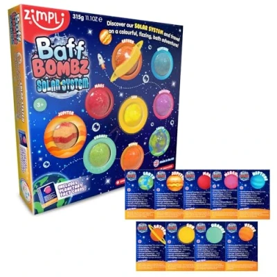Image of 9 x Solar System Bath Bombs Gift Set, Planetary Fact Cards, Educational Planet for Children, Science Kits Boys &amp; Girls, Toy Birthday Presents, Learning Pocket Money Gifts