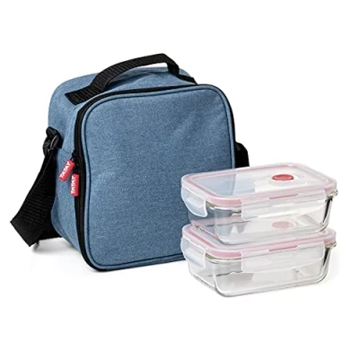 Image of Tatay Urban Food Casual Insulated Lunch Bag, 3L Capacity , with 2 Glass 0.57L Storage Container, Denim Blue, 22 x 12 21.5 cm