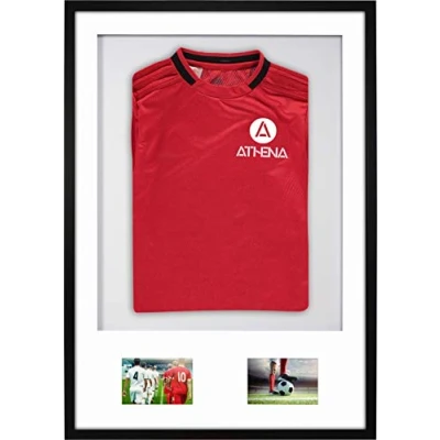 Image of Athena Premium Wood DIY Junior 3D Mounted + Double Aperture Sports Shirt Display Frame for Football Shirt, Rugby Shadow Box A1 59.4 x 84cm Black Frame, White Mount, Backing Card