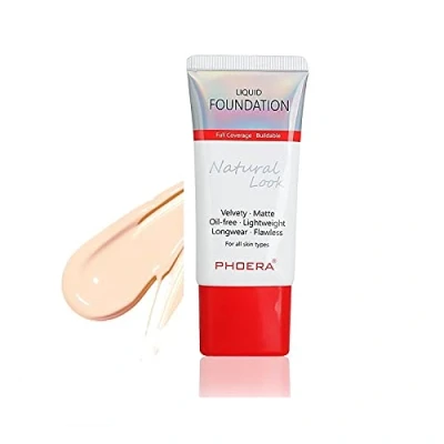 Image of AQUAPURITY PHOERA Full Coverage Foundation New Formula Waterproof Long Lasting Oil Free Velvet Matte Liquid for Oily Skin Flawless Makeup Base Cream Concealer (101 Porcelain…)