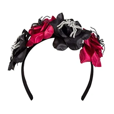 Image of Boland 72141 Flower Headband Dia de los Muertos with Flowers and Spiders, Tiara, Headpiece, Costume, Carnival, Theme Party