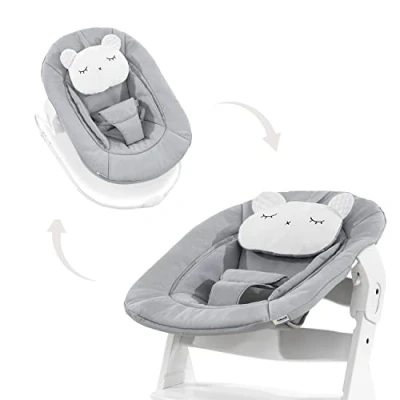 Image of hauck Alpha Bouncer 2in1, Pastel Bear Light Grey Baby Seat for Alpha+ Wooden Highchair with Bouncing Frame, 3 Point Hip Harness &amp; Cushion, from Birth up to 9 kg