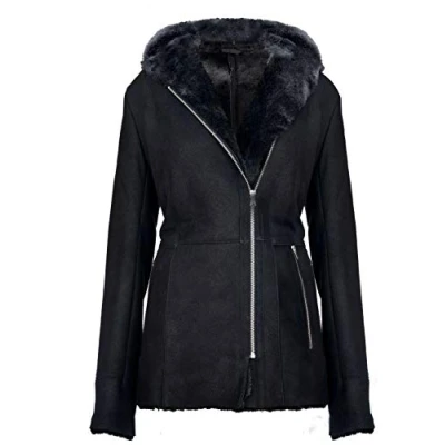Image of Infinity Leather Women&#039;s Elegant Black Snowtip Hooded Suede Merino Shearling Sheepskin Coat S