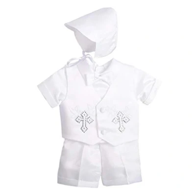 Image of Lito Angels Baby Boys Christening Clothing Baptism Outfits with Bonnet Short Sleeve White Suit Age 12 18 Months