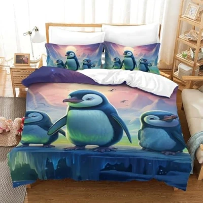 Image of KOABERUVN 3D Printed Duvet CoverPenguin Microfiber Cover Comforter Set with Zipper Home Bedding Sets for Boys Adult Single（140x200cm）