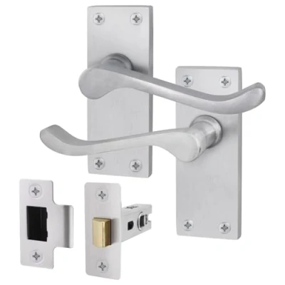 Image of EAI Satin Victorian Scroll Door Handle Latch Set 1 Pair of Chrome Internal Lever Handles on Backplate &amp; (64mm)