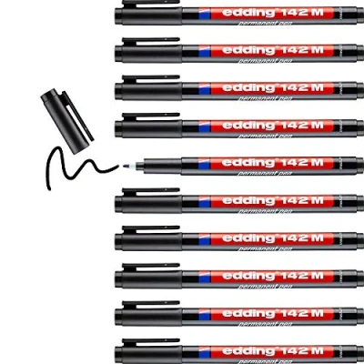 Image of edding 142 M permanent pen black 10 pens round nib 1 mm for writing on glass, plastic, foils and smooth surfaces permanent, quick drying, smudge proof waterproof
