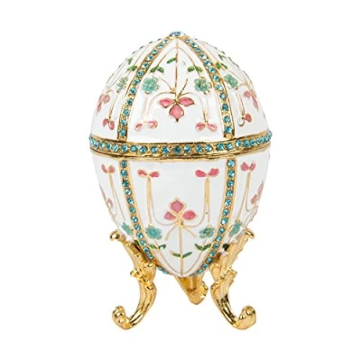 Image of QIFU Hand Painted White Easter Egg Style Decorative Enameled Trinket Box Hinged Unique Gift for Family