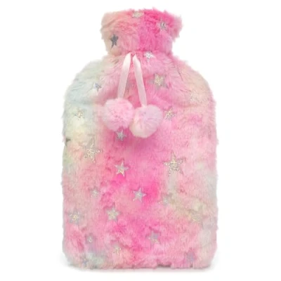 Image of A2Z Hot Water Bottle 2 Litre Metalic Foil Stars Rainbow Faux Fur Pom Plush Fleece Cover Bag for Pain Relief Cosy Nights and Relaxation