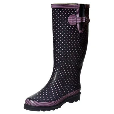 Image of Onlineshoe Flat Wide Calf Wellie Wellington Festival Rain Boots Assorted Colours 5 Navy/Pink Spot