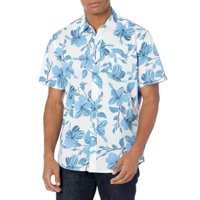 Image of Amazon Essentials Men&#039;s Regular Fit Short Sleeve Print Shirt, Blue Floral Print, XS
