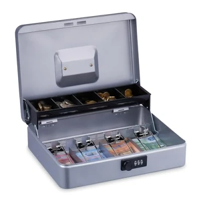 Image of Relaxdays Money Box with Combination Lock, 3 Digits, compartments for Notes and Coins, Lockable, Iron, Silver, Art, siliver, 8,5 x 30,5 24,5 cm
