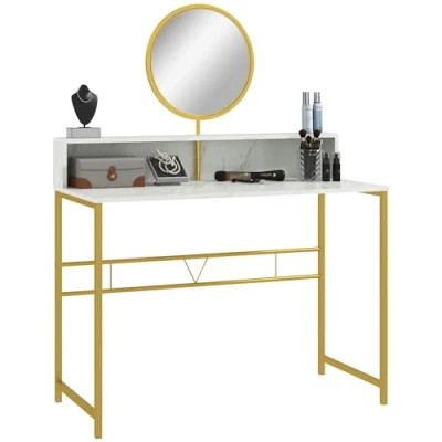 Image of HOMCOM Modern Dressing Table with Round Mirror, Vanity Makeup Desk Open Storage, Faux Marble Texture and Steel Frame for Bedroom, White