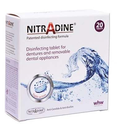 Image of Nitradine 20 Tablets for Cleaning &amp; Disinfecting Dentures Orthodontic Dental Appliances 10 Weeks Supply