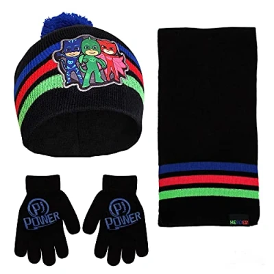 Image of PJ MASKS Boys Toddler Winter, Scarf &amp; Mittens 2 4 Or Hat, Scarves Kids Ages 7 Cold Weather, Black/Blue Gloves Set, Age