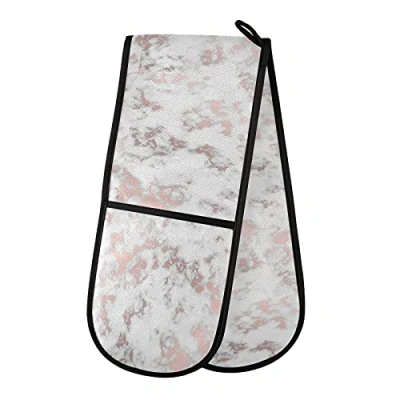 Image of PUXUQU Oven Gloves Double Mitts Gloves, Rose Gold White Marble Heat Resistant for Baking BBQ Kitchen Cooking