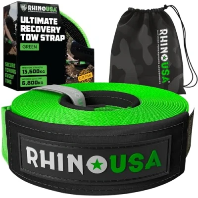 Image of Rhino USA Recovery Tow Strap (7.6 cm x 6.1 m) 13,600 kg Break Strength Emergency Rope for Truck, UTV, ATV &amp; More Heavy Duty Towing Offroad 4X4 Use Green