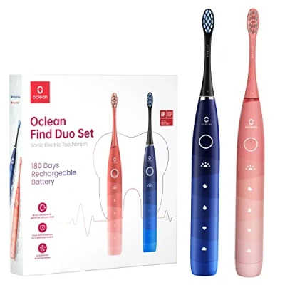 Image of Oclean Find Duo Set (2X Sonic Electric Toothbrushes), 5 Modes with Whitening, 180 Days Battery Life, 2 Min Timer &amp; 30s Reminder, IPX7, Twin Pack Red Blue