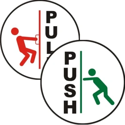 Image of Luimode Acrylic Pair of Circular Push &amp; Pull Adhesive Door Signs Sign for Businesses, Restaurants, Bars, Hotels, Schools, Cafes. Easy Install Self Backing 5x5cm