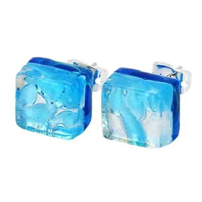 Image of GlassOfVenice Murano Glass Venetian Reflections Square Stud Earrings Aqua Silver