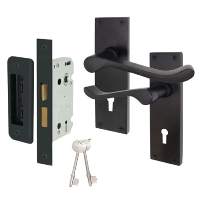 Image of EAI Black Victorian Scroll Door Handle Key Lock Set 1 Pair of Matt Internal Lever Handles on Backplate with Sash (64mm) &amp; Keys