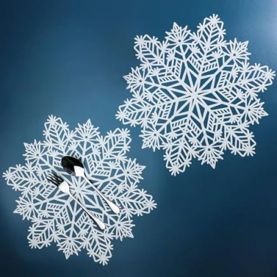 Image of Snowflake Placemats Set of 6 Laminated Metallic Vinyl Round 15 inch Diameter Winter Festival Table Decorations for Holiday Christmas Party Feast Come w/Matching Coaster by Snowkingdom