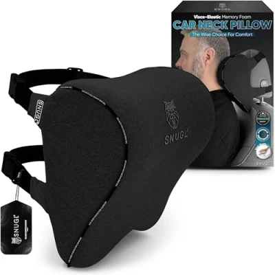Image of SNUGL Car Headrest Pillow Memory Foam Neck Seat Head Support with Two Adjustable Straps &amp; Removable Cover, Rest for Ergonomic Design, Travel