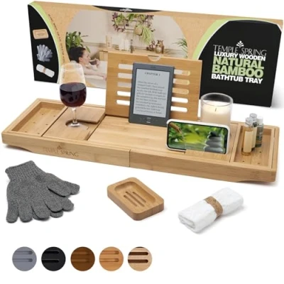 Image of Temple Spring Bath Tray Extendable Caddy for Bathtub with Candle, Wine Glass, Book, iPad &amp; Phone Holders Adjustable Table Over tub w/Bathroom Accessories Natural Wood