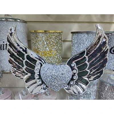 Image of Biznest Silver Sparkle Ornament Crushed Diamond Heart with Angel Wings