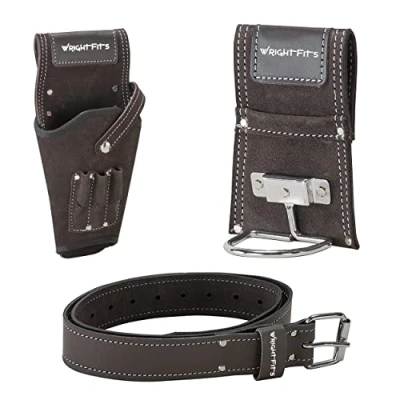 Image of WrightFits Leather Drill Holster Pouch Hammer Holder Tool Work Organiser With Supporting Belt (3 in 1) For Builders, Carpenters, Gardeners, Electricians
