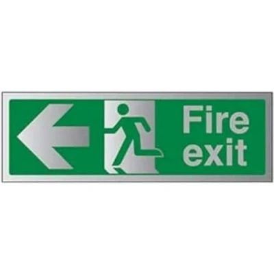 Image of V Safety Fire Exit Arrow Left Sign 450mm x 150mm 3mm Brushed Alu Comp
