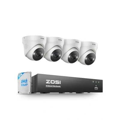 Image of ZOSI 4K PoE CCTV Security Camera System, 4x8MP Person Vehicle Detection IP Cameras Indoor Outdoor, 8 Ports 16CH System NVR with 2TB HDD,Color Night Vision,Smart Light Siren, 2 Way Audio