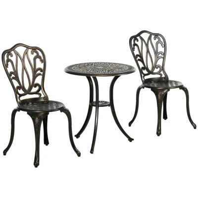 Image of Outsunny 3 Piece Garden Bistro Set, Cast Aluminium Outdoor Furniture Set with Umbrella Hole for Balcony, Porch, Patio, Bronze Tone