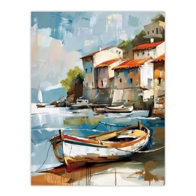 Image of Artery8 Fishing Village Oil Painting Boats Coastal Summer Living Room Large Wall Art Poster Print Thick Paper 18X24 Inch