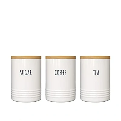 Image of Karisky Kitchen Storage Canisters, Set of 3 Tea Coffee Sugar Jar with Airtight Bamboo Lid, Modern Farmhouse Metal Food Container for Counter