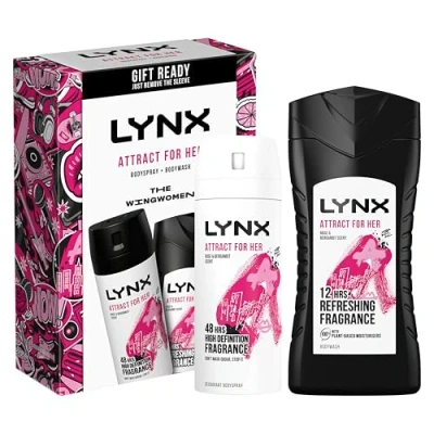 Image of LYNX Attract for her The Wingwomen Duo Deodorant Gift Set Body Wash &amp; Spray perfect daily routine 2 piece