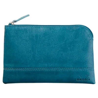 Image of RHODIA 116534C Faux Leather Zipped Pouch Peacock Size S (11x17 cm) Real Stitching Orange Fabric Interior Storage of Documents, Small Supplies