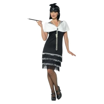 Image of Smiffys Flapper Costume, Black with Dress, Headband &amp; Fur Stole, 1920&#039;s Razzle Fancy Adult Dress Up Costumes