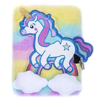 Image of Fringoo® Girls Boys Plush A5 Notebook Diary 3D with Padlock and Bookmark Cute Unicorn Animal Designs 80 Pages (Unicorn Rainbow)