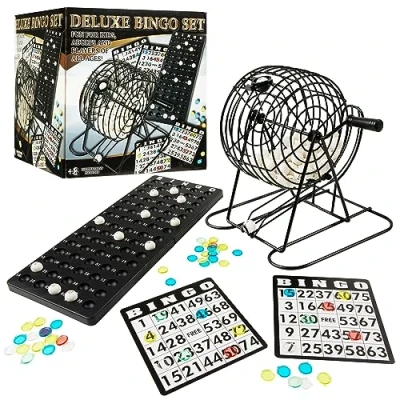Image of KreativeKraft Bingo Game for Kids and Adults Family Metal Lotto Cage Numbered Balls Number Board Cards Chips Fun Traditional Games