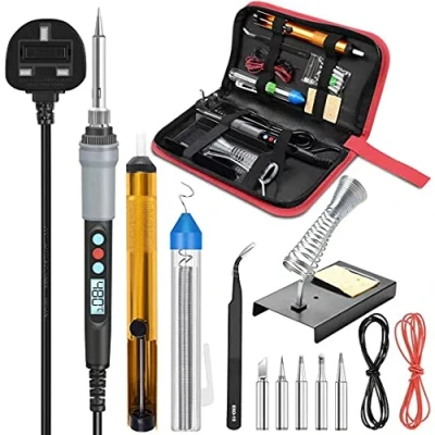 Image of Soldering Iron Kit, 90W Adjustable Temperature Gun Kit Welding Tool with 5 Tips, Desoldering Pump, Tin Wire Tube, Stand, Tweezers